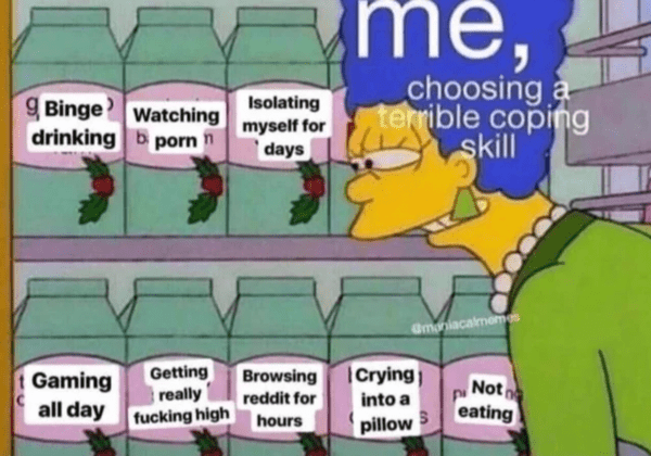 depressing memes - me choosing a terrible coping skill - Binge Watching drinking porn n Gaming Getting really all day fucking high Isolating myself for days Browsing reddit for hours me, choosing a terrible coping skill Crying into a pillow Not eating