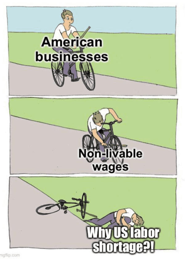 depressing memes - bicycle meme fall - mgflip.com American businesses Nonlivable wages Why Us labor shortage?!