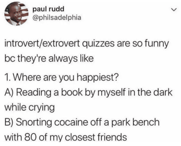 depressing memes - introvert extrovert quizzes be like meme - paul rudd > introvertextrovert quizzes are so funny bc they're always 1. Where are you happiest? A Reading a book by myself in the dark while crying B Snorting cocaine off a park bench with 80 