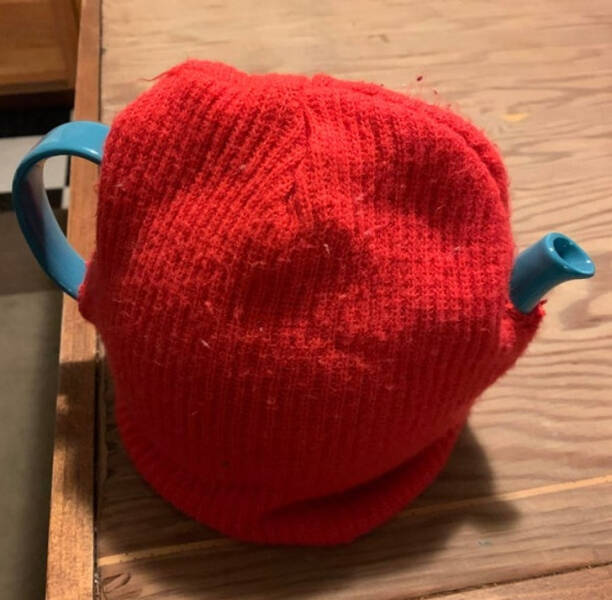 “When you don’t have time to learn how to knit but you want your tea to stay warm. Yes I cut a hole in a beanie.”