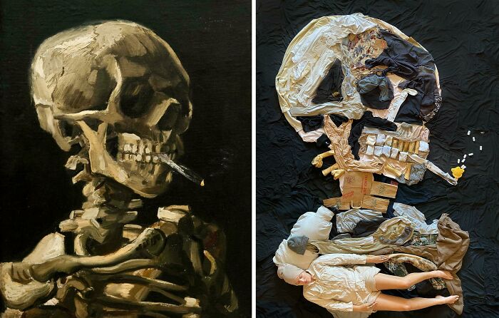 My Dog & I Recreated Van Gogh’s Smoking Skull Painting With Fabric, Clothes Etc. Original Painting On The Left, Our Recreation On The Right