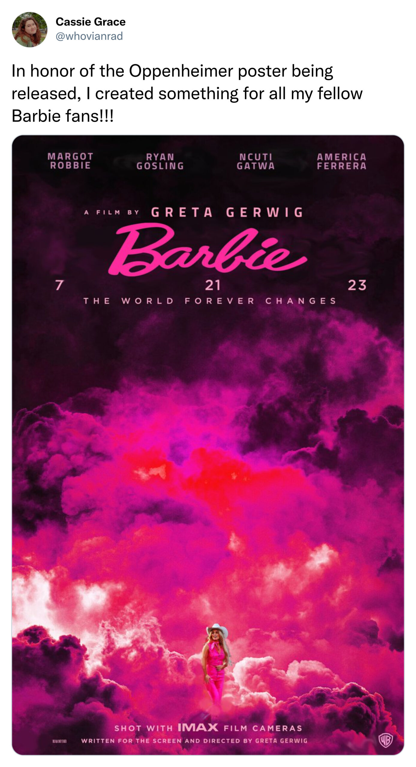 funny tweets and posts on twitter -  barbie market - Cassie Grace In honor of the Oppenheimer poster being released, I created something for all my fellow Barbie fans!!! Margot Robbie Ryan Gosling Ncuti Gatwa America Ferrera Greta Gerwig Barbie 21 The Wor