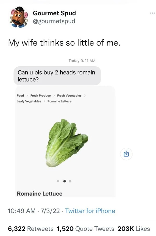 funny tweets and posts on twitter -  romain lettuce - Gourmet Spud My wife thinks so little of me. Today Can u pls buy 2 heads romain lettuce? Food > Fresh Produce > Fresh Vegetables > Leafy Vegetables > Romaine Lettuce Romaine Lettuce 7322 Twitter for iP