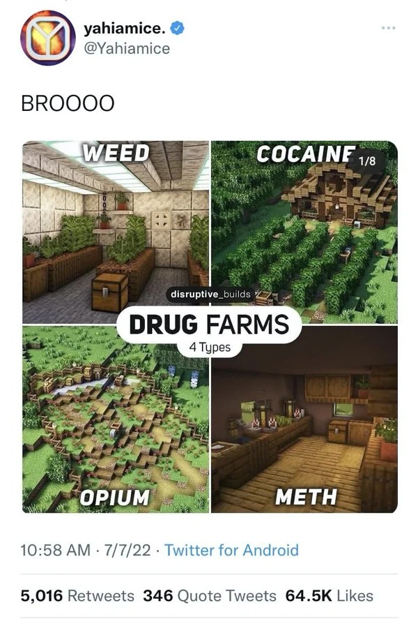 funny tweets and posts on twitter -  grass - O yahiamice. Broooo Weed disruptive_builds Opium Drug Farms 4 Types Cocaine 18 1000 Meth 7722 Twitter for Android 5,016 346 Quote Tweets