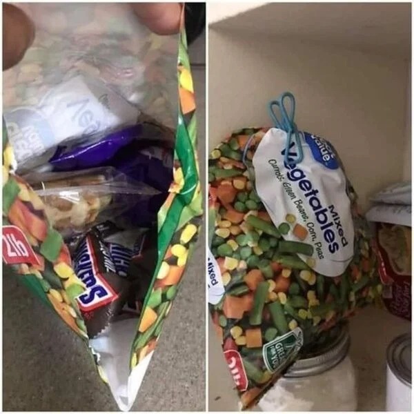 Clever people life hacks - hide candy in vegetable bag - value Asa Mixed Vegetables Carrots Green Beans, Com, Peas Acho Pen Aixed All Vers Grea For You