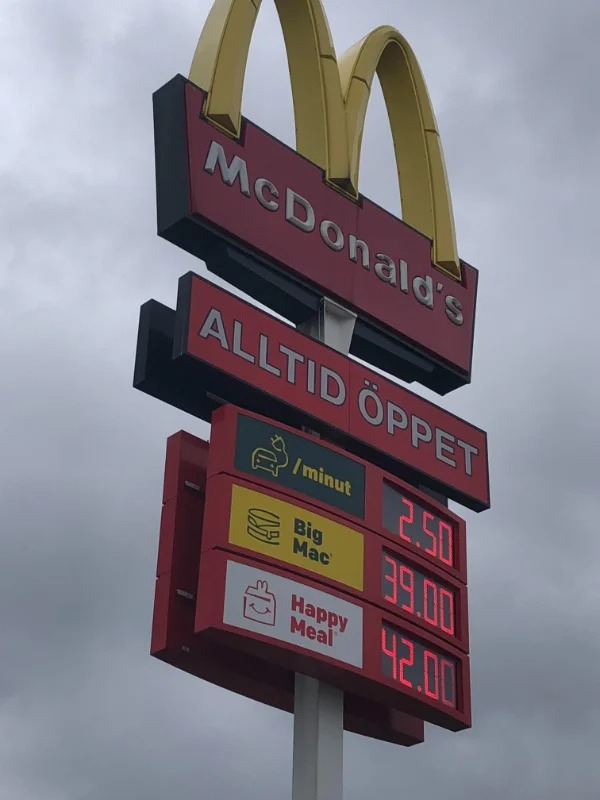 fascinating photos  - Big Mac and Happy Meal prices displayed on the roadside at McDonalds in Sweden