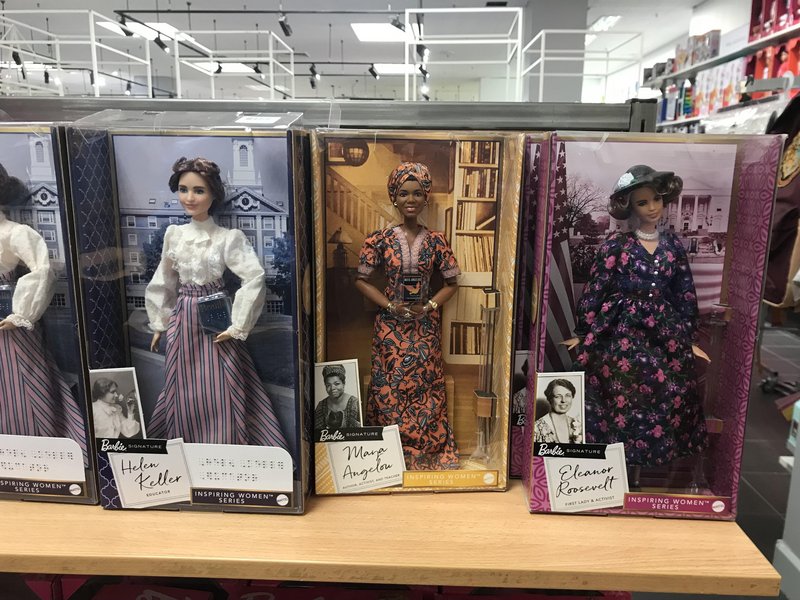 fascinating photos  - Helen Keller, Maya Angelou and Eleanor Roosevelt Barbies. There’s braille on the Helen Keller box.