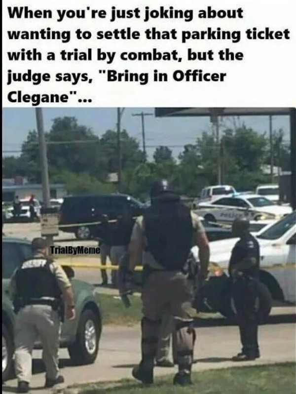 escalated quickly - combat meme - When you're just joking about wanting to settle that parking ticket with a trial by combat, but the judge says, "Bring in Officer Clegane"... TrialByMeme