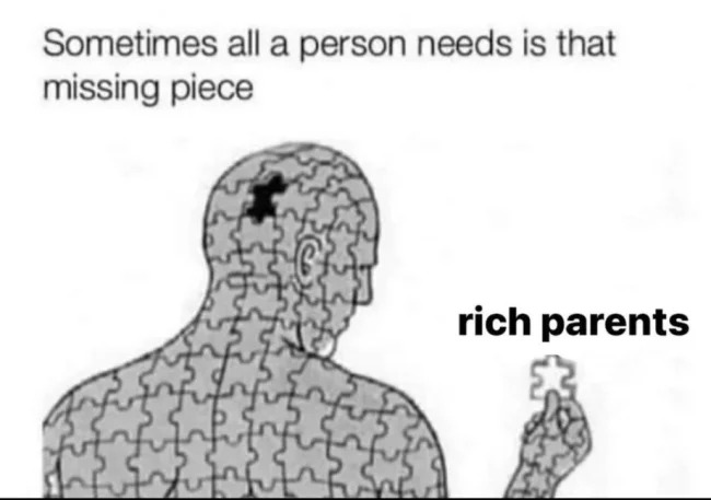 Bad life hacks - rich parents meme - Sometimes all a person needs is that missing piece fir rich parents