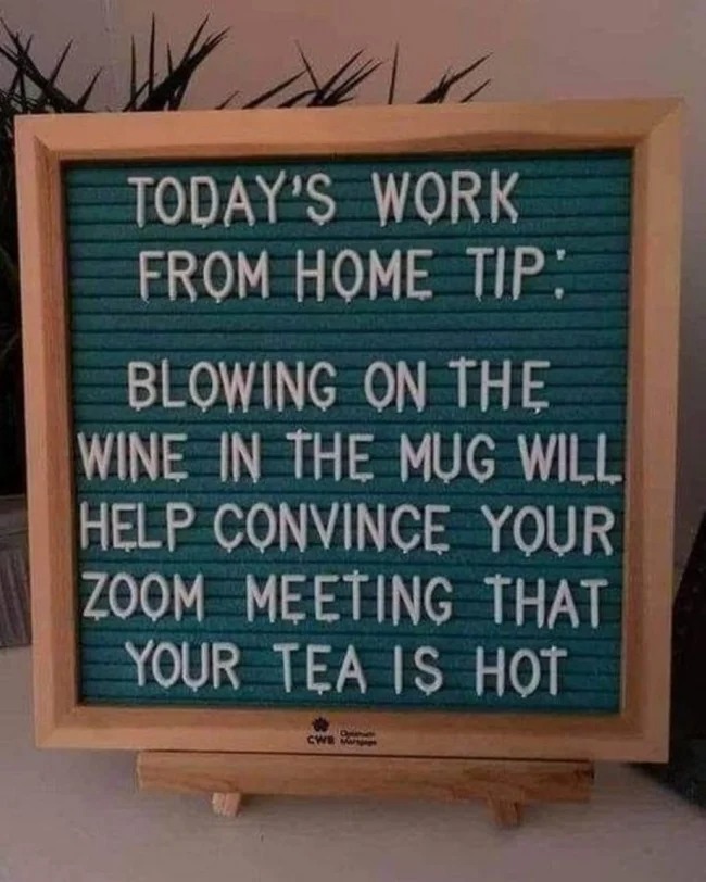 Bad life hacks - blackboard - Today'S Work From Home Tip Blowing On The Wine In The Mug Will Help Convince Your Zoom Meeting That Your Tea Is Hot Cwb Oystemer