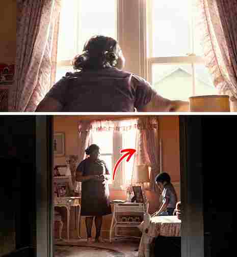 In the movie The Witches, the grandmother opens the curtains to show the room to the boy. But when the camera angle changes, the curtain on the right looks different.
