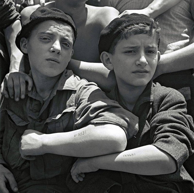 Jewish youths rescued from Auschwitz show their camp tattoos while aboard a refugee ship, July 15th, 1945