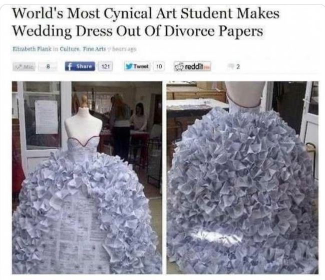 crazy news headlines - wedding dress out of divorce papers - World's Most Cynical Art Student Makes Wedding Dress Out Of Divorce Papers Elizabeth Plank in Culture, Fine Arts hours ago 121 Tweet 10 reddit