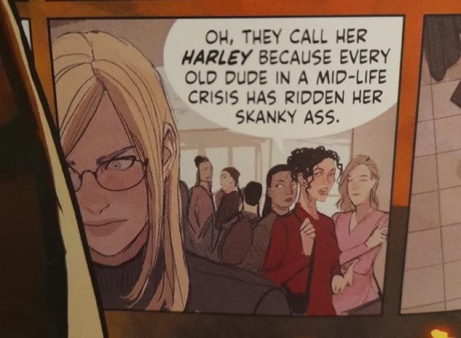 brutal comments - cartoon - Oh, They Call Her Harley Because Every Old Dude In A MidLife Crisis Has Ridden Her Skanky Ass.
