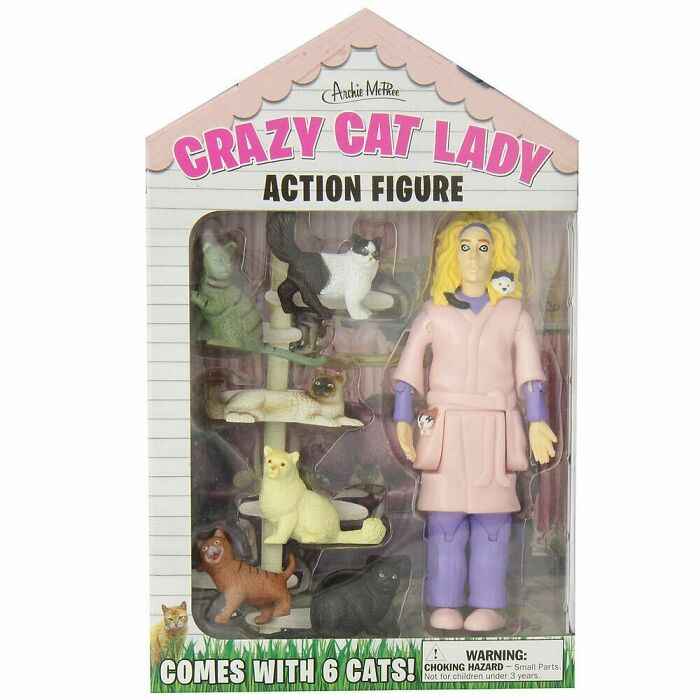 wtf and bizarre products - gifts for cat lovers - Archie Mere Crazy Cat Lady Action Figure Warning Comes With 6 Cats! Choking HazardSmall Parts Not for under 3 years.