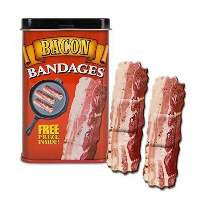 wtf and bizarre products - bacon bandages - Bacon 7 Bandages 1984 Free Prize Inside!
