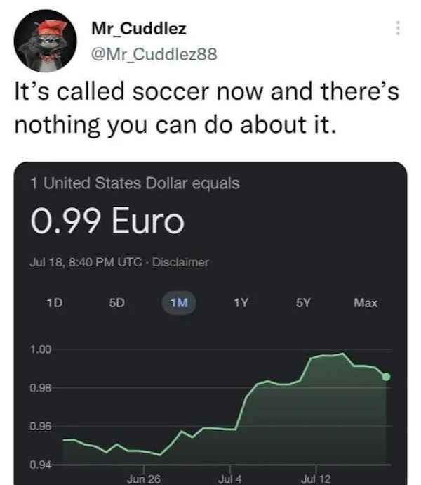 best of twitter - United States Dollar - It's called soccer now and there's nothing you can do about it. 1 United States Dollar equals 0.99 Euro Jul 18, Utc Disclaimer Mr_Cuddlez 1D 5D 1.00 0.98 0.96 0.94 Jun 26 1M 1Y Jul 4 5Y 12 Max