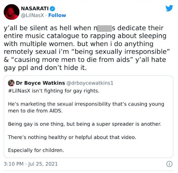 Celebrity clap backs - Nasarati y'all be silent as hell when n s dedicate their entire music catalogue to rapping about sleeping with multiple women. but when i do anything remotely sexual i'm "being sexually irresponsible" & "causing more men to die from