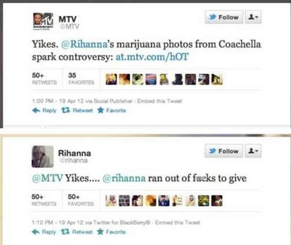 Celebrity clap backs - rihanna 2012 twitter - Mtv Gmtv Yikes. 's marijuana photos from Coachella spark controversy at.mtv.comhOT 50 35 Favorites 19 Apr 12 via Social PublisherEmbed this Tweet 13 RetweetFavorite 1 50 50 Favorites Rihanna Grihanna Yikes....