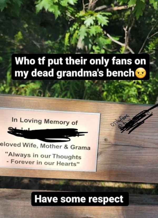 Trashy People - fauna - Who tf put their only fans on my dead grandma's bench In Loving Memory of eloved Wife, Mother & Grama