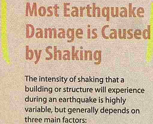 technically correct - obvious newspaper headlines - Most Earthquake Damage is Caused by Shaking The intensity of shaking that a building or structure will experience during an earthquake is highly variable, but generally depends on three main factors