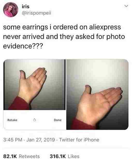 technically correct - some earrings i ordered on aliexpress - iris some earrings i ordered on aliexpress never arrived and they asked for photo evidence??? Retake 9 Done Twitter for iPhone