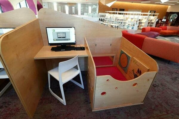 Parent + Child library carrel, so you can do your research and keep your little one occupied. Fairfield Library, Virginia, USA.