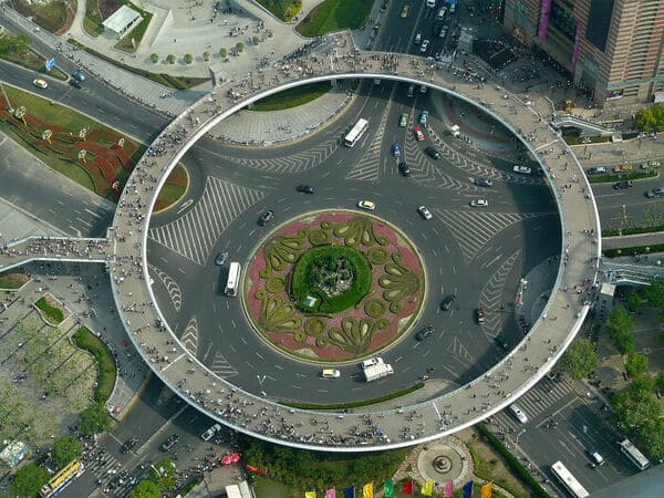 Circular footbridge over roundabout, Shanghai