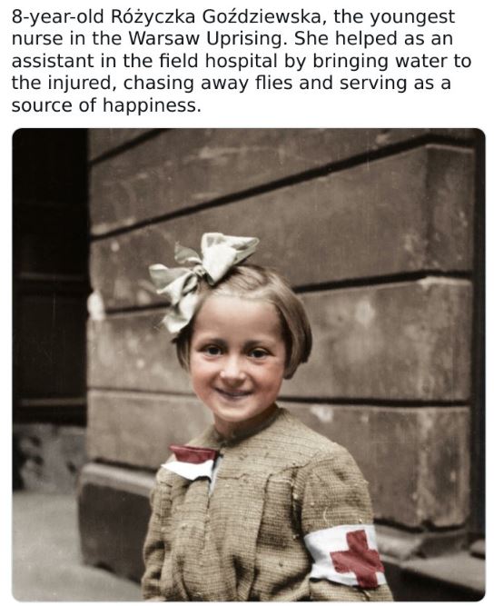 colorized historical photos - irena sendler young - 8yearold Ryczka Godziewska, the youngest nurse in the Warsaw Uprising. She helped as an assistant in the field hospital by bringing water to the injured, chasing away flies and serving as a source of hap