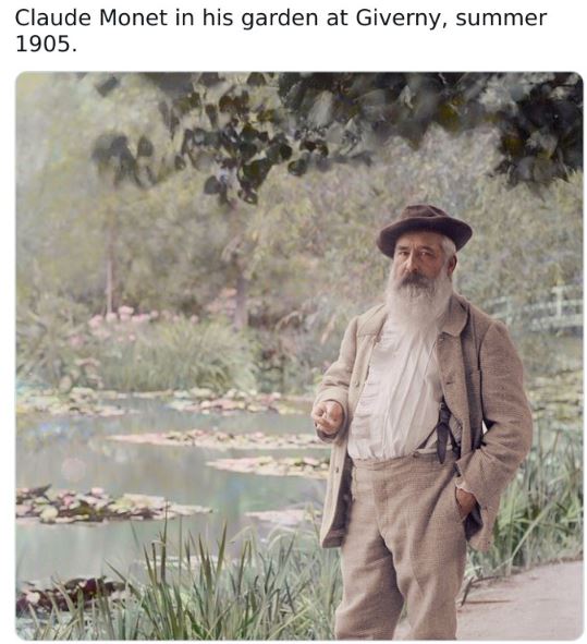 colorized historical photos - claude monet - Claude Monet in his garden at Giverny, summer 1905.