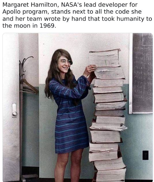 colorized historical photos - margaret hamilton nasa - Margaret Hamilton, Nasa's lead developer for Apollo program, stands next to all the code she and her team wrote by hand that took humanity to the moon in 1969. Tyy Feza