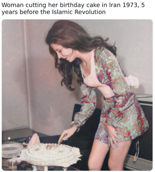 colorized historical photos - lana del rey cutting cake - Woman cutting her birthday cake in Iran 1973, 5 years before the Islamic Revolution