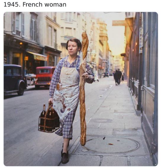 colorized historical photos - baguette paris 1945 - 1945. French woman