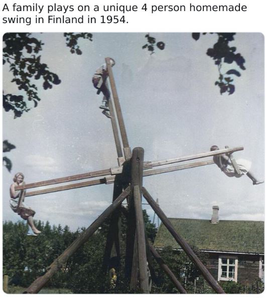 colorized historical photos - iron - A family plays on a unique 4 person homemade swing in Finland in 1954.