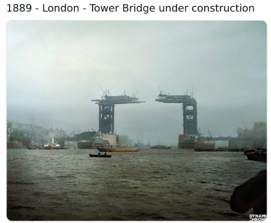 colorized historical photos - tower bridge under construction - 1889 London Tower Bridge under construction X Dynami Hrom