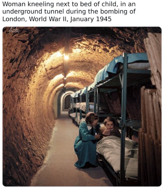 colorized historical photos - london world war 2 - Woman kneeling next to bed of child, in an underground tunnel during the bombing of London, World War Ii,