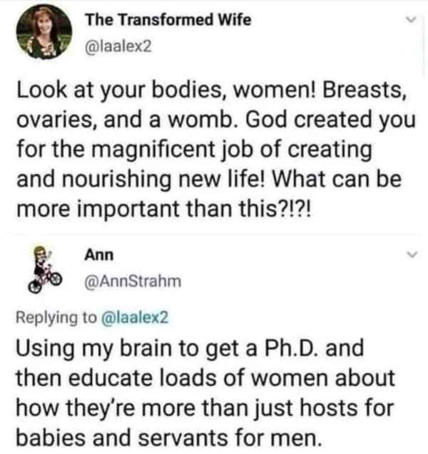 funny comments - justin murphy twitter greta - The Transformed Wife Look at your bodies, women! Breasts, ovaries, and a womb. God created you for the magnificent job of creating and nourishing new life! What can be more important than this?!?! Ann Using m