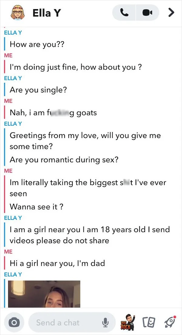 scam posts and texts - document - Ella Y Ella Y How are you?? Me I'm doing just fine, how about you? Ella Y Are you single? Me Nah, i am fing goats Ella Y Greetings from my love, will you give me some time? Are you romantic during sex? Me Im literally tak
