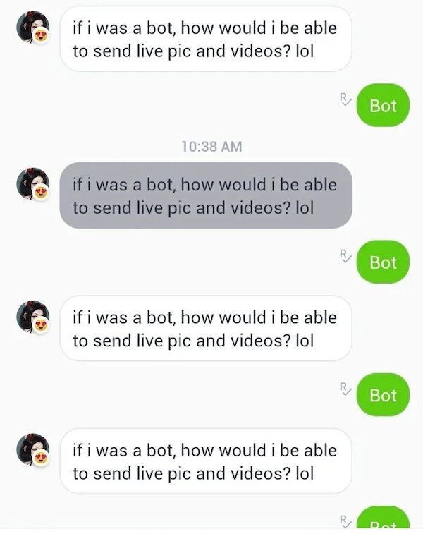 scam posts and texts - document - if i was a bot, how would i be able to send live pic and videos? lol if i was a bot, how would i be able to send live pic and videos? lol if i was a bot, how would i be able to send live pic and videos? lol if i was a bot