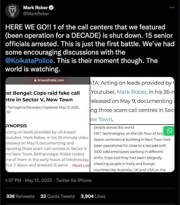 scam posts and texts - screenshot - m Mark Rober Here We Go!! 1 of the call centers that we featured been operation for a Decade is shut down. 15 senior officials arrested. This is just the first battle. We've had some encouraging discussions with the Pol