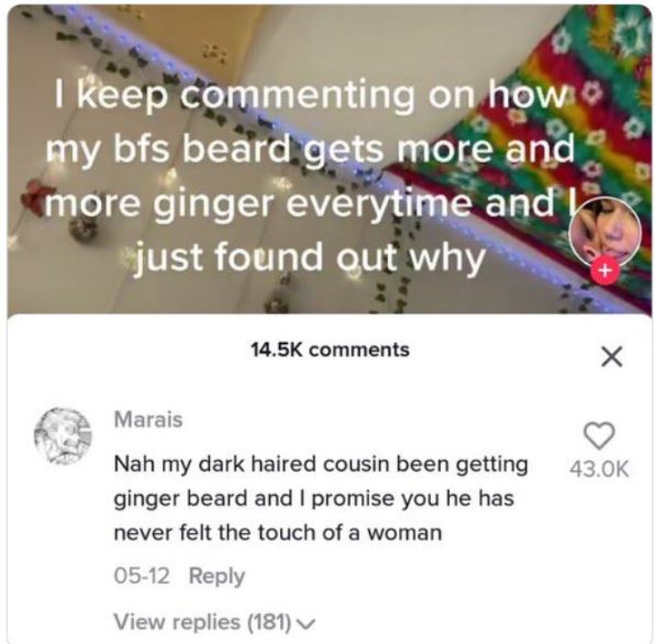 cringe titktok posts - paper - I keep commenting on how my bfs beard gets more and more ginger everytime and just found out why Marais Nah my dark haired cousin been getting ginger beard and I promise you he has never felt the touch of a woman 0512 View r
