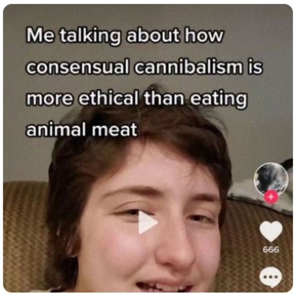 cringe titktok posts - photo caption - Me talking about how consensual cannibalism is more ethical than eating animal meat 666