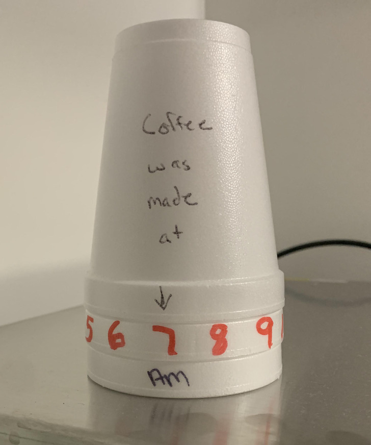 “A stack of cups that you can turn to indicate when coffee was brewed.”