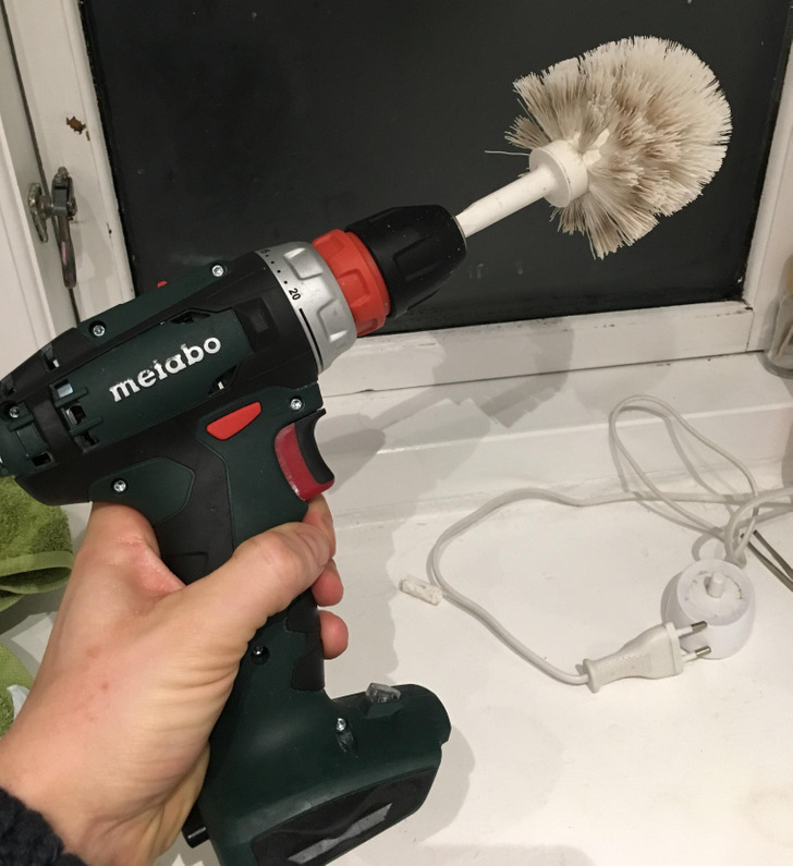 “My friend made this to clean his bathroom tiles (and yes, he did use a newly bought, unused brush).”