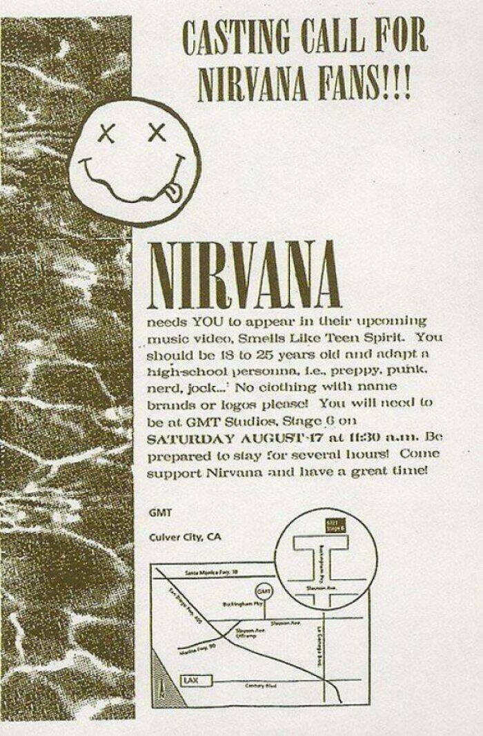 fascinating photos from history - nirvana smells like teen spirit casting call - X X Casting Call For Nirvana Fans!!! Nirvana needs You to appear in their upcoming music video, Smells Teen Spirit. You should be 18 to 25 years old and adapt a highschool pe