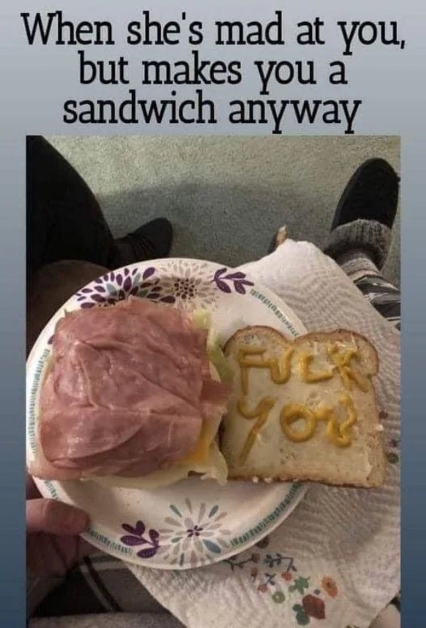 spicy memes - she's mad at you but makes you a sandwich anyw - When she's mad at you, but makes you a sandwich anyway menaruhdadil Fuck