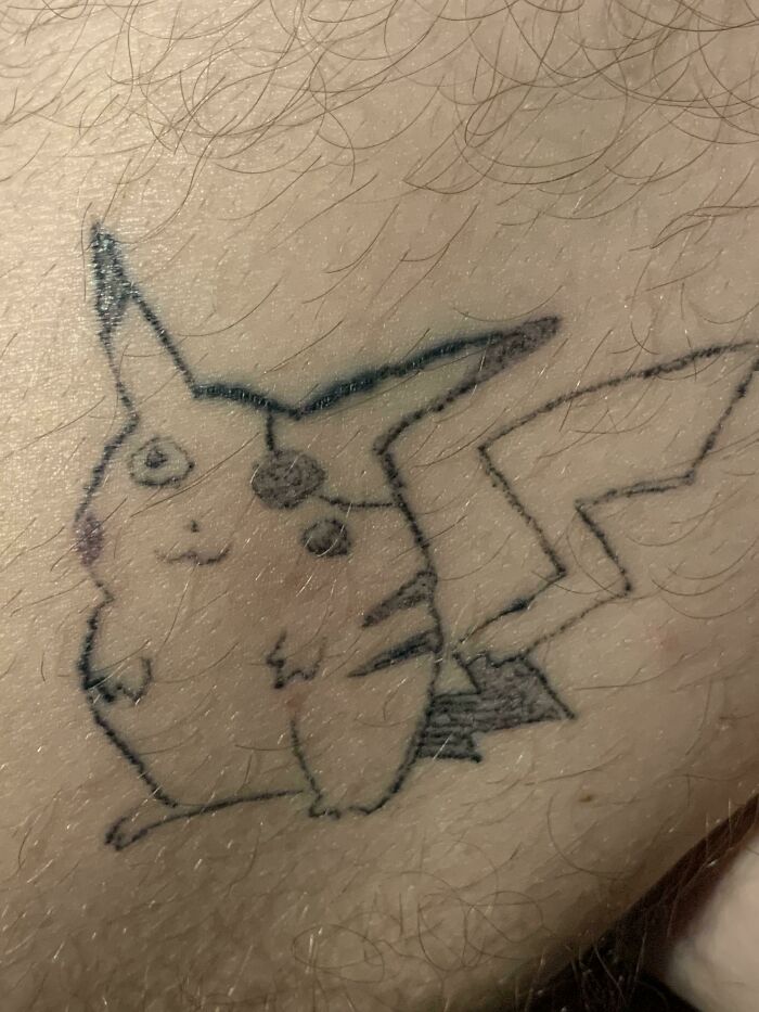 This Sh**ty Apartment Tattoo Of A Pikachu I Got, They F***ed Up The Left Eye So I Said Just Throw An Eye Patch On There