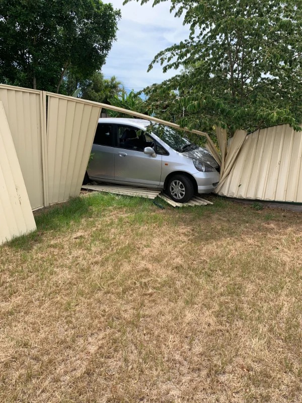 “My elderly neighbor drove his car through my backyard.”