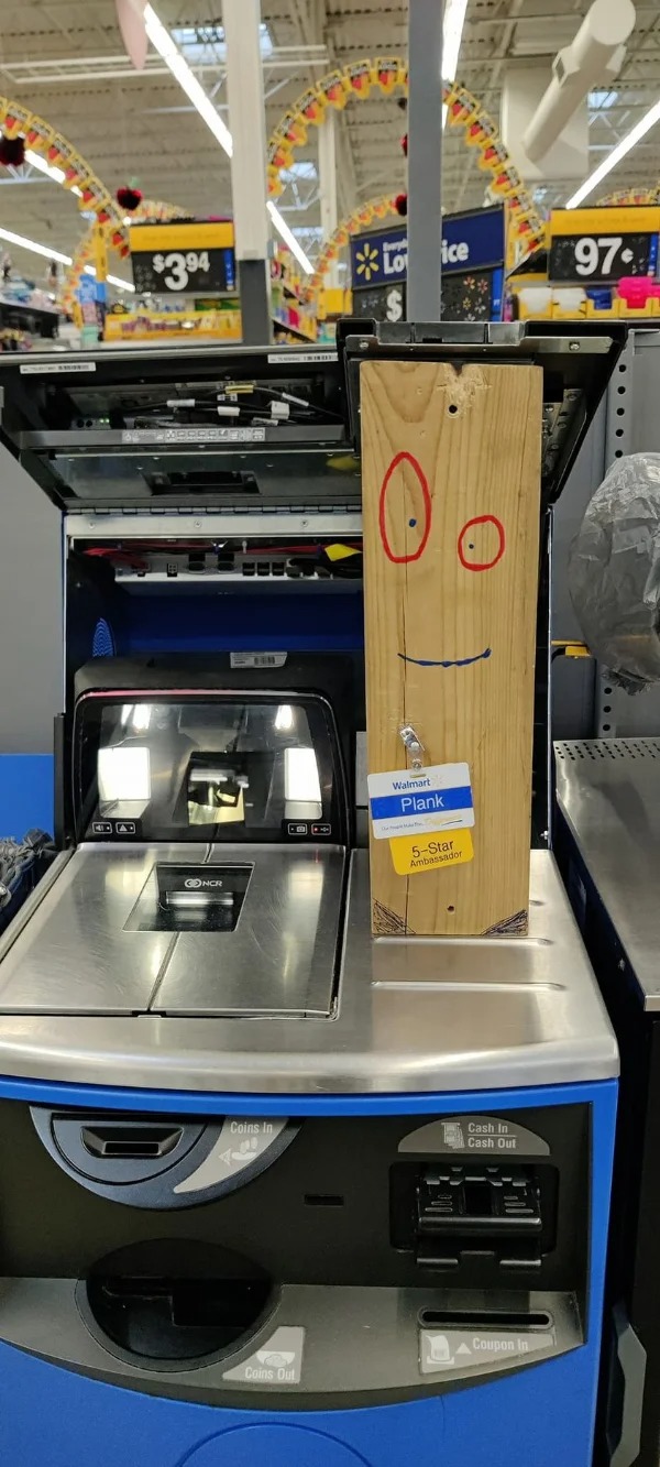 “Plank from Ed, Edd n Eddy with his own name tag in the self checkout at Walmart”