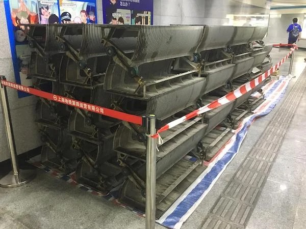 Escalator steps that have been removed from the escalator